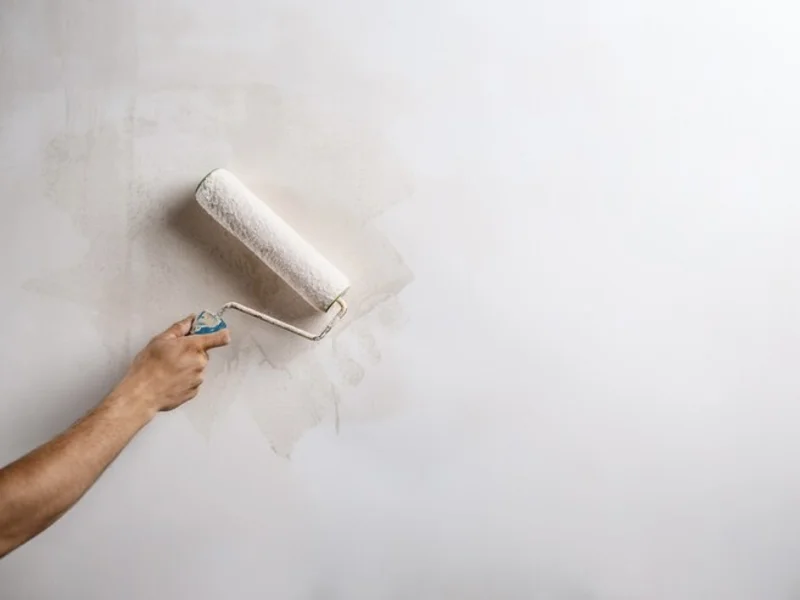 cat tahan panas Tangan pekerja sedang mengecat dinding menggunakan roller cat berwarna putih sebagai bagian dari proses finishing.