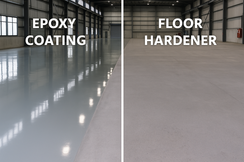 perbandingan epoxy coating dan floor hardener Perbandingan pelapisan lantai pabrik antara epoxy coating mengilap dan floor hardenertekstur kasar tahan beban.