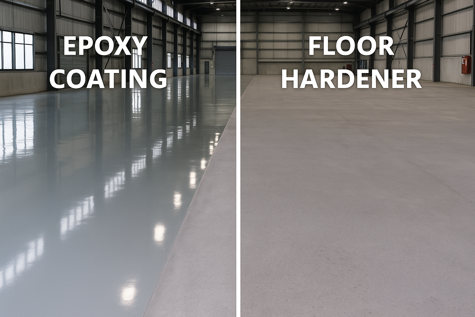 Perbandingan pelapisan lantai pabrik antara epoxy coating mengilap dan floor hardenertekstur kasar tahan beban.