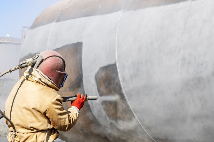Close up view of sandblasting before coating. Abrasive blasting, more commonly known as sandblasting, is the operation of forcibly propelling a stream of abrasive material against a surface. Teknisi sedang melakukan proses sandblasting pada permukaan logam tangki industri menggunakan alat pelindung lengkap untuk menghilangkan karat dan kotoran.